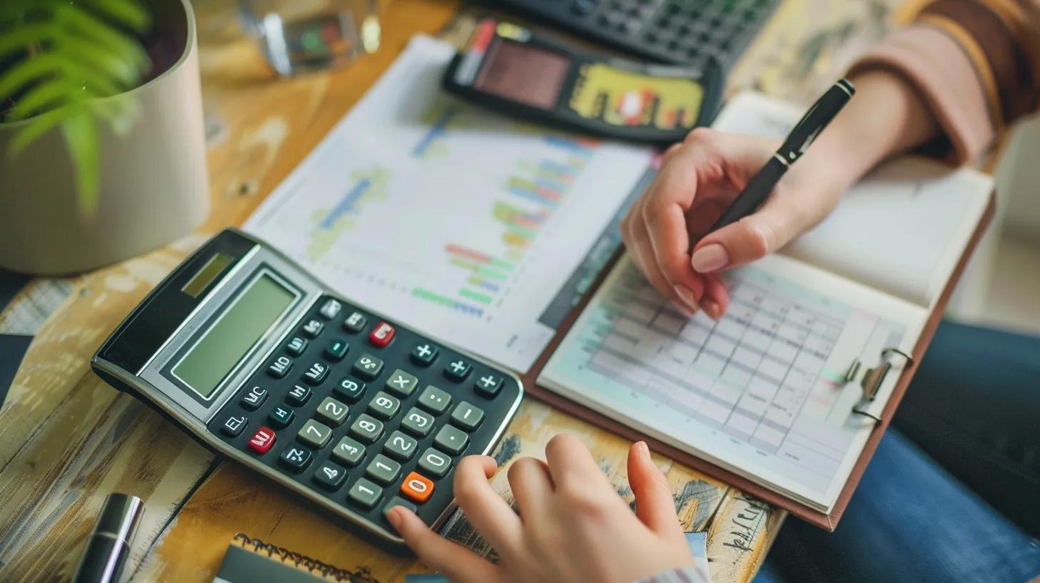 Person calculating home equity with a calculator and notepad in a home office