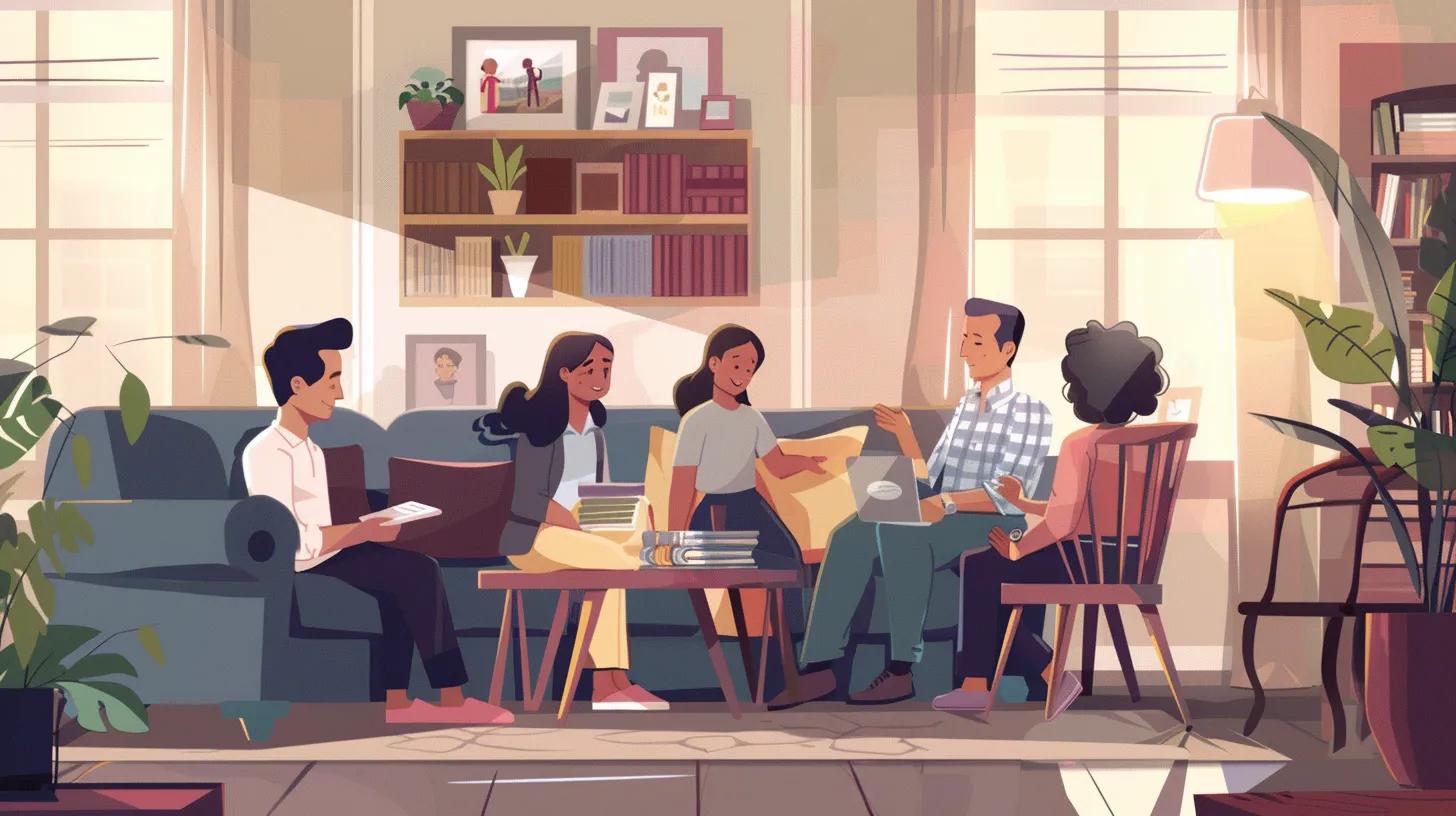 Family discussing inherited property and foreclosure in a cozy living room